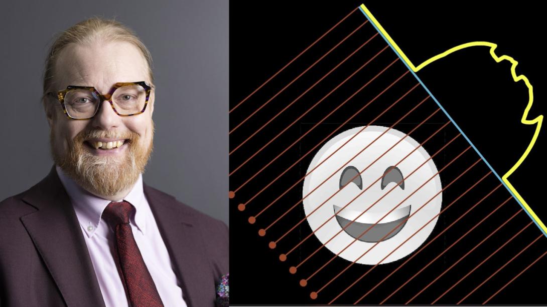 Samuli Siltanen sekä vieressä piirroskuva hahmosta, josta otettu yksiulotteinen röntgenhistogrammi